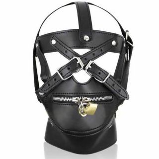 Bondage Hood Head Mask Muzzle Harness & Zipper Lock PU Leather