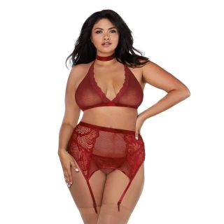 Dreamgirl Plus Size Fishnet & Lace Velvet Trims Bralette & Garter Belt