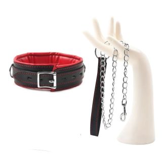 Faux Leather Red / Black Slave Master Padded Choker Collar with Leash