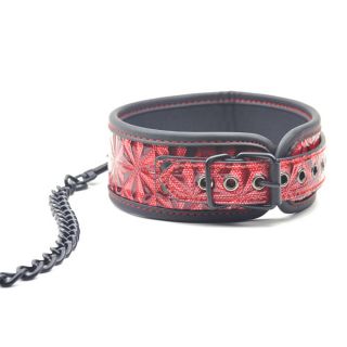 Red Embossed Bondage Collar with Leash