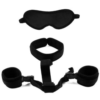 BDSM Soft Collar to Wrist Restraints Set with Blindfold