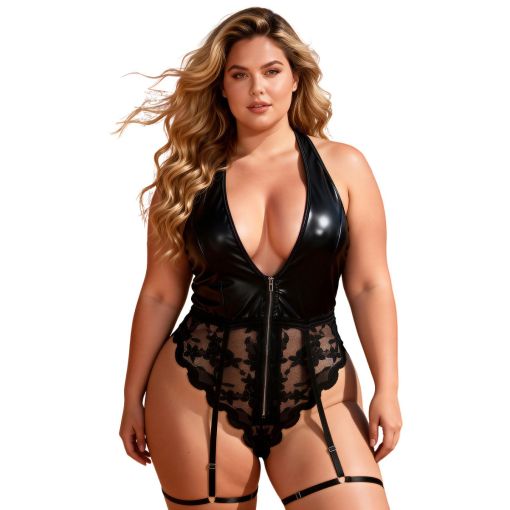 Black Sexy Faux Leather Lace Zippered Halter Bodysuit - XLarge