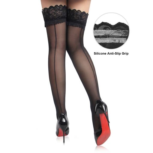 Black Sexy Lace Vertical Line Stockings with Silicone Large - 2XL