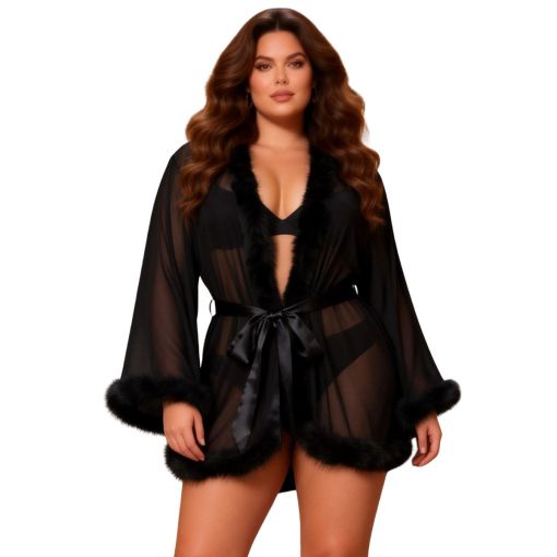 Black Sexy Mesh Mink Fur Trim Short Robe with Belt Large - Extra Large