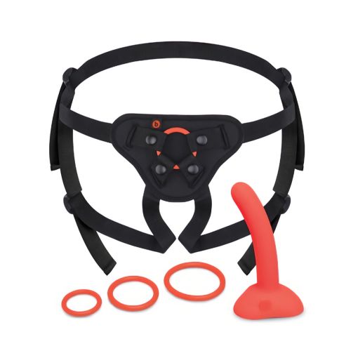 B-Vibe Beginners Strap On Harness Set with 5in. Silicone Dildo Pegging Kit Peach