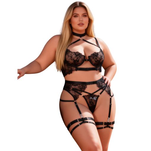 Sexy Black Halter Neck Embroidery Floral Lace Lingerie Set with Garters Extra Large