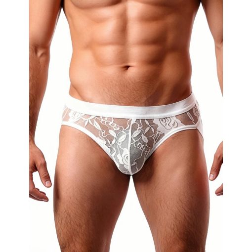 White Lace See Through Elastic Band Men Jock Underwear Medium