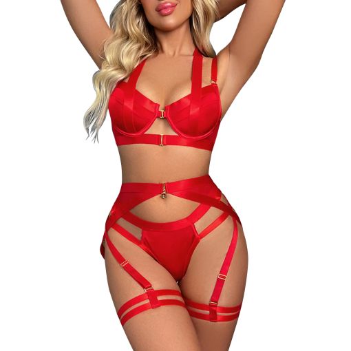 ELLOLACE Miss K Strappy Harness 3-Piece Lingerie Set – Red, Pink, Blue