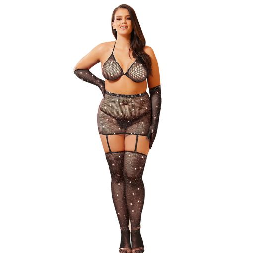 Black Sexy Diamond Fishnet Bodystocking with Gloves 5 Piece Set 14-18 