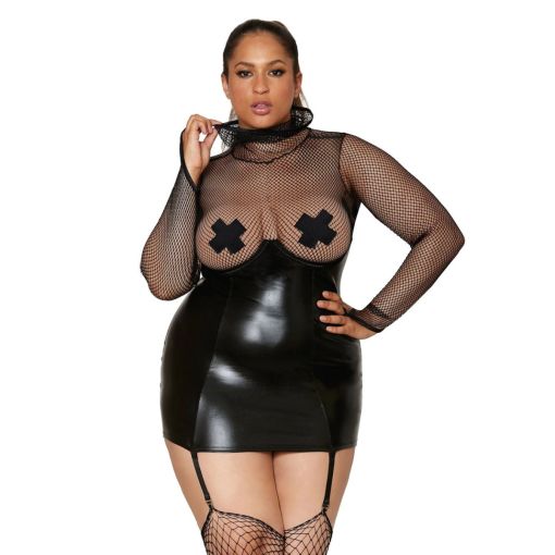 Dreamgirl Plue Size Fishnet and Stretch Faux-Leather Garter Slip