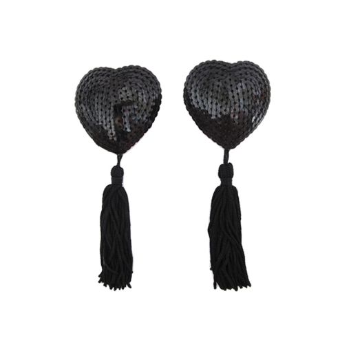 Love in Leather Black Heart Sequin Nipple Tassel Pasties
