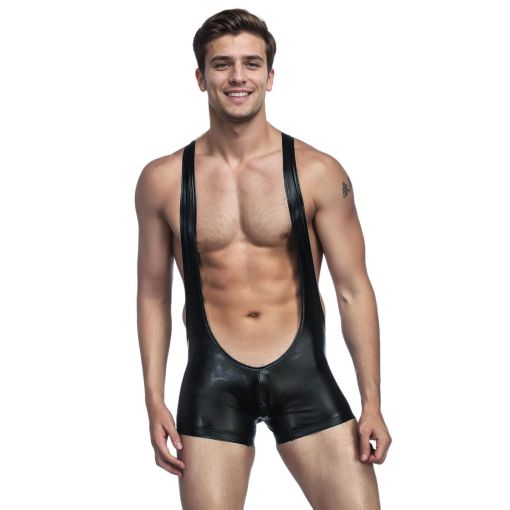 Black Faux Leather Men’s Bodysuit with U-Pouch