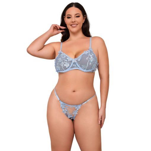 Blue Sexy Floral Mesh Embroidery Lace Bra Set 16-18
