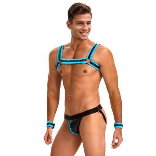 Blue Faux Leather Men’s Lingerie Set with Zipper & Wristband