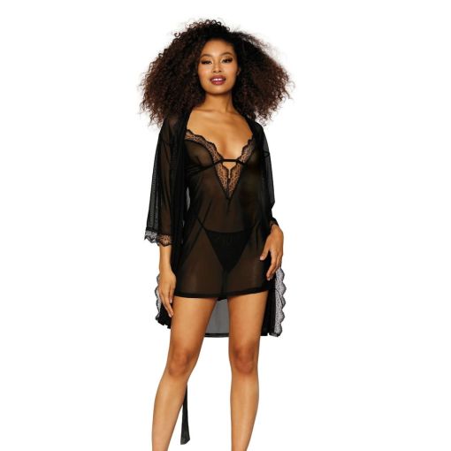 Dreamgirl Black Stretch Mesh Chemise & Robe Set