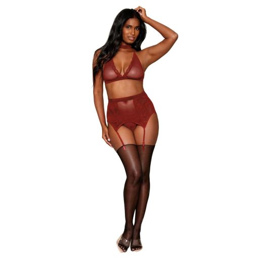 Dreamgirl Fishnet & Lace Velvet Trims Halter Bralette & Garter Belt