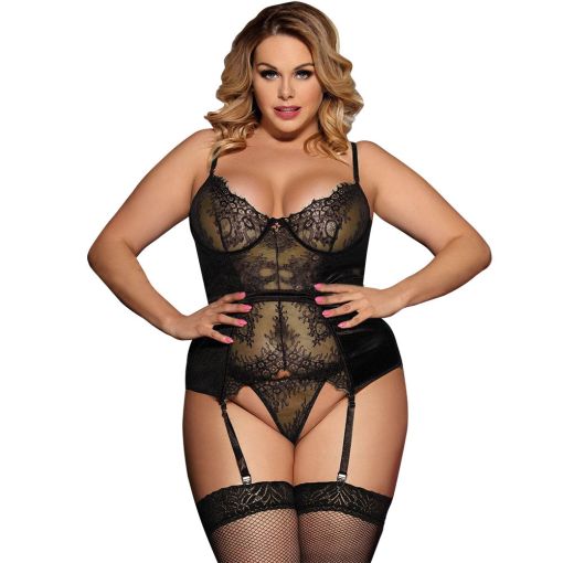 Elegant Eyelash Black Lace Garter Lingerie with Underwire 16-18