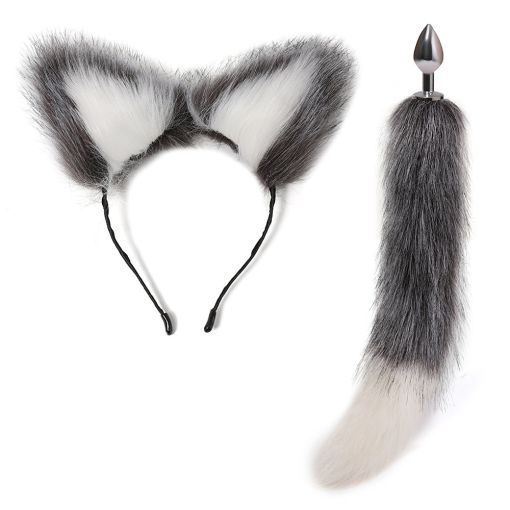 Faux Tail and Ears Grey and White 