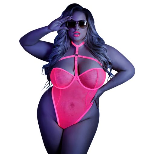 Fantasy Lingerie All Nighter Neon Pink Queen Size Bodysuit with Open Back 14-18