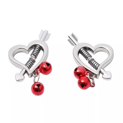 Heart Spring Nipple Clamps with Red Bells
