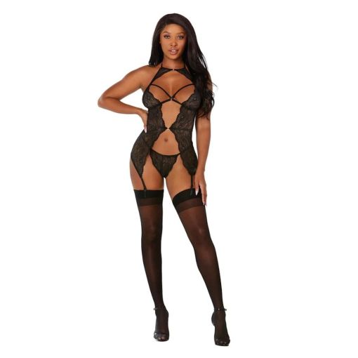 Dreamgirl Lace Open Front Teddy with Garters