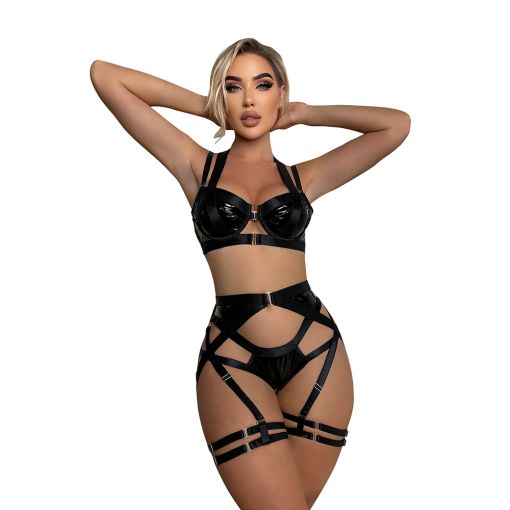 ELLOLACE Miss K Black Faux Leather 3-Piece Lingerie Set