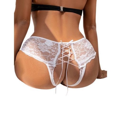 Floral Lace Up Back Open Crotch Panty