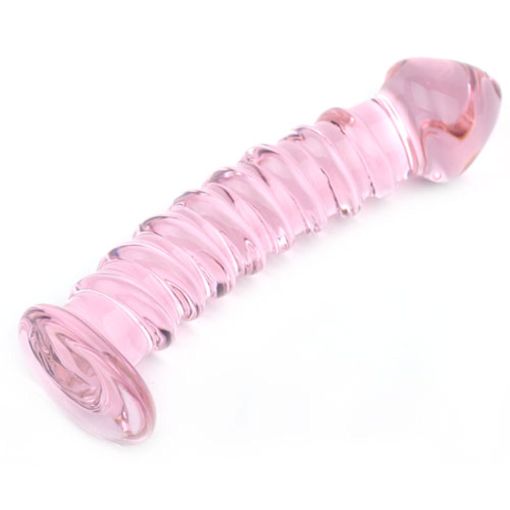 Swirl & Ribbed Pink Glass Dildo