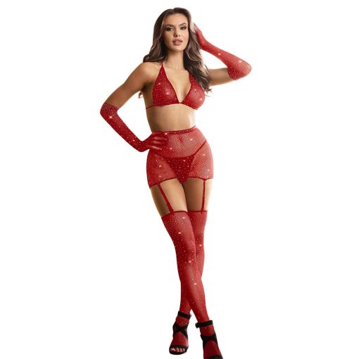 Red Diamond Sexy Fishnet Bodystocking 5 Piece Set 8-12
