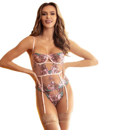 Sexy Floral G-String Pink Embroidered Teddy 12-14