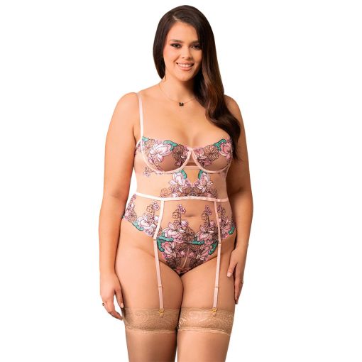 Sexy Floral G-String Pink Embroidered Teddy 20-22