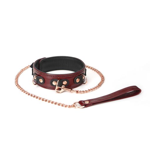 Wine Red Leather Collar with Rose Gold Coloured Metal Leash